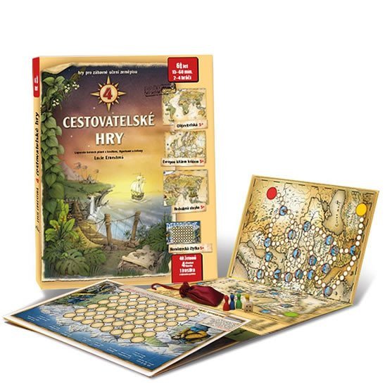 4 cestovatelské hry - Leporelo her s kostkou figurkami a žetony pro zábavné učení zeměpisu – Ernestová Lucie