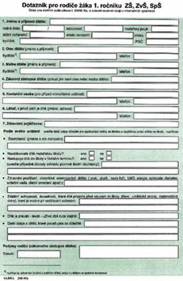 Dotazník pro rodiče žáka 1 ročníku ZŠ ZvŠ SpŠ