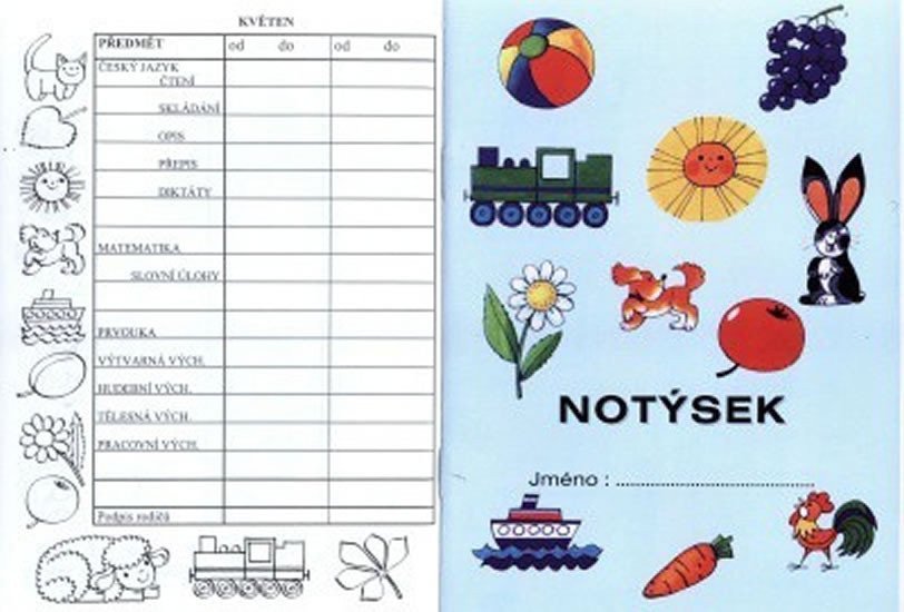 Notýsek text s předměty pro 1a 2ročník na každý měsíc dvě stránky po týdnech