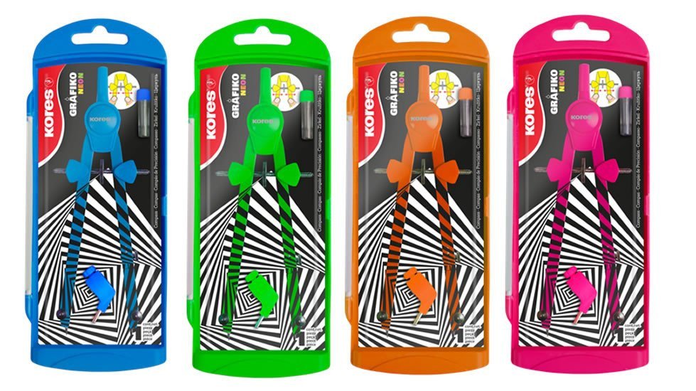 Kores Kovové kružítko GRAFIKO NEON mix 4 neonových barev náhradní tuhy adaptér