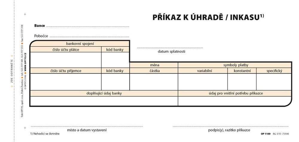Příkaz k úhradě jednoduchý 21 × 10 cm 100 listů NCR