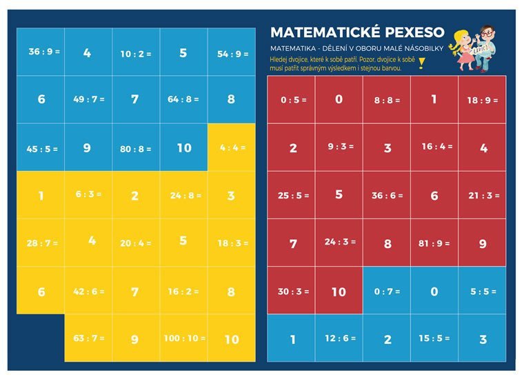 Pexeso Matematika - Dělení v oboru malé násobilky