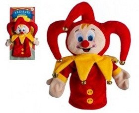 Kašpárek maňásek na ruku plyšový 28cm s rolničkami na kartě