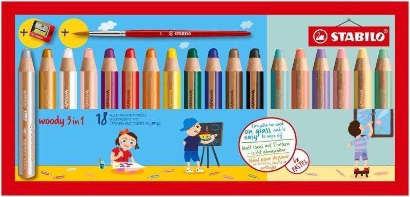 Pastelky STABILO Woody 3in1 sada 18 ks pastelových barev v pouzdru s ořezávátkem a štětcem