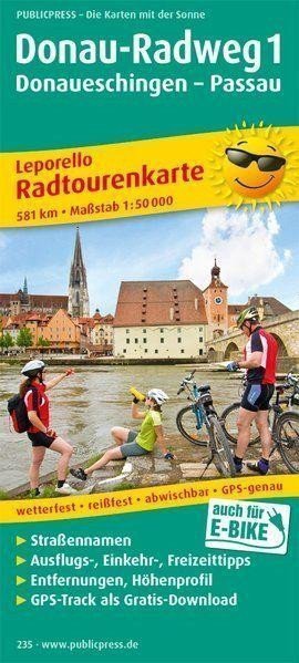 Dunajská cyklostezka 1 Donaueschingen-Passau 150 000 cyklistická mapa