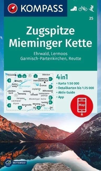 Zugspitze Mieminger Kette Ehrwald Lermoos Garmisch-Partenkirchen Reutte 150 000 turistická mapa KOMPASS 25