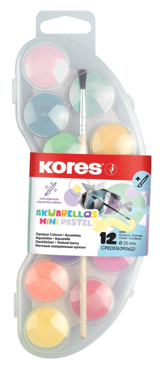 Kores Vodové barvy Akuarellos Mini Pastel - 12 barev štětec