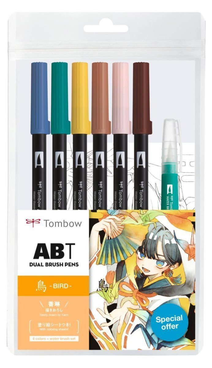 Tombow ABT sada oboustranných fixů Manga Bird 6 ks vodní štětec