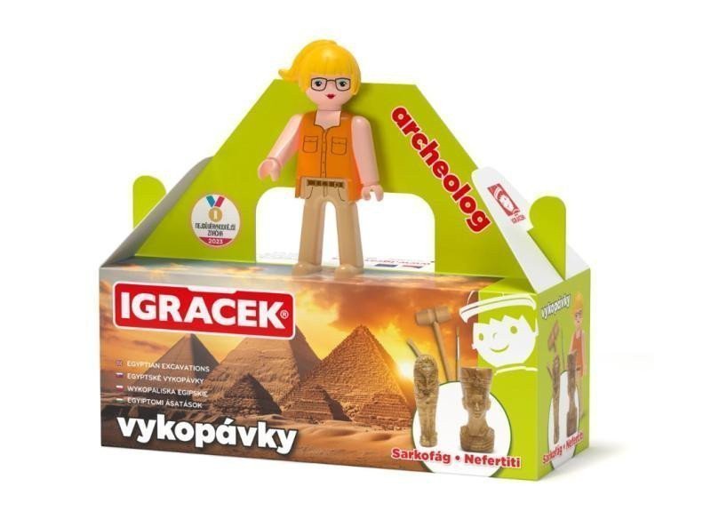 Igráček Archeoložka - figurka s egyptskými vykopávkami sarkofágu a sošky Nefertiti