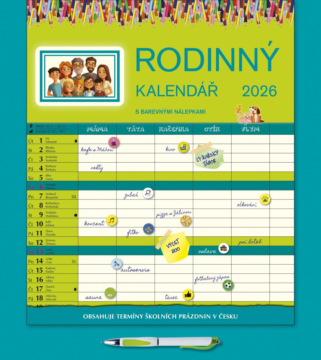 Kalendář 2026 Rodinný s perem nástěnný 28 x 34 cm