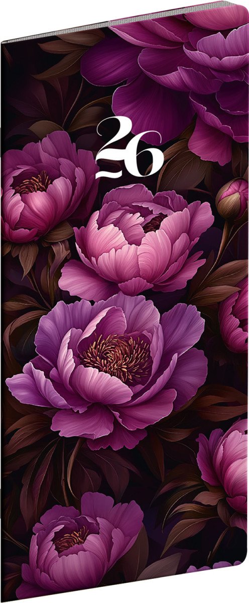Diář 2026 Fialové květy - plánovací měsíční kapesní 8 x 18 cm