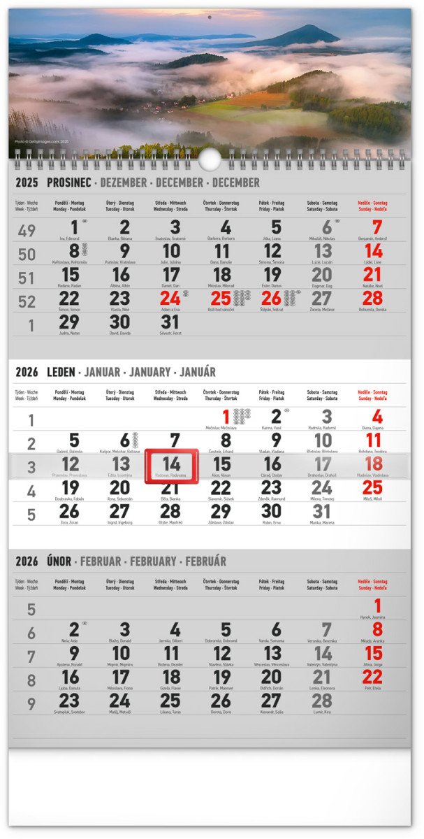 Kalendář 2026 nástěnný 3měsíční Krajina šedý - s českými jmény 295 x 43 cm