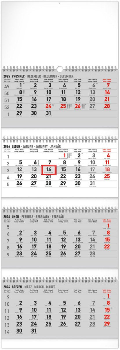 Kalendář 2026 nástěnný 4měsíční standard skládací 295 x 845 cm