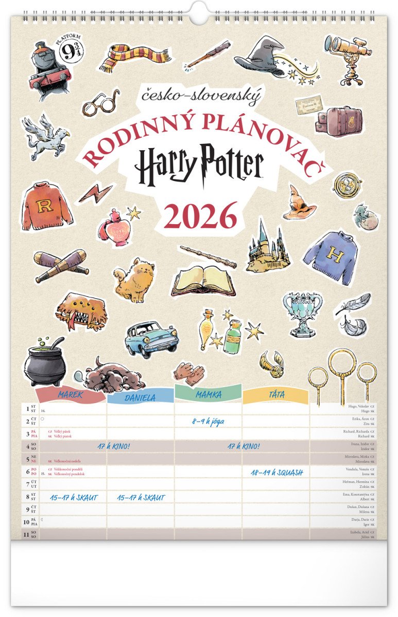 Kalendář 2026 nástěnný Rodinný plánovací Harry Potter 33 x 46 cm