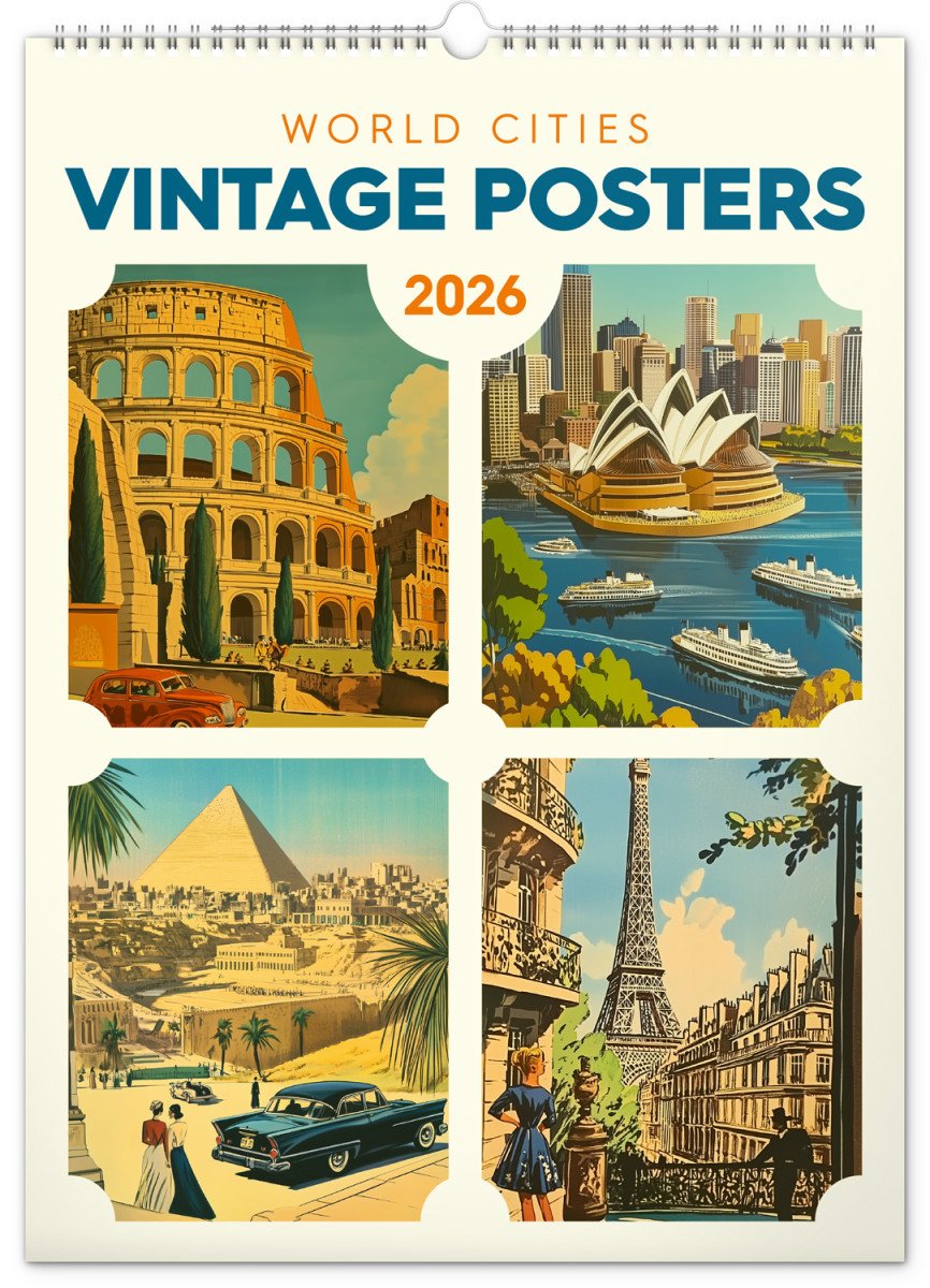 Kalendář 2026 nástěnný Vintage plakáty - světová města 33 x 46 cm