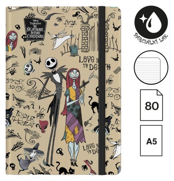 Zápisník s gumičkou Tim Burton 1, A5, 80 g, 80 listů, linkovaný, šedý
