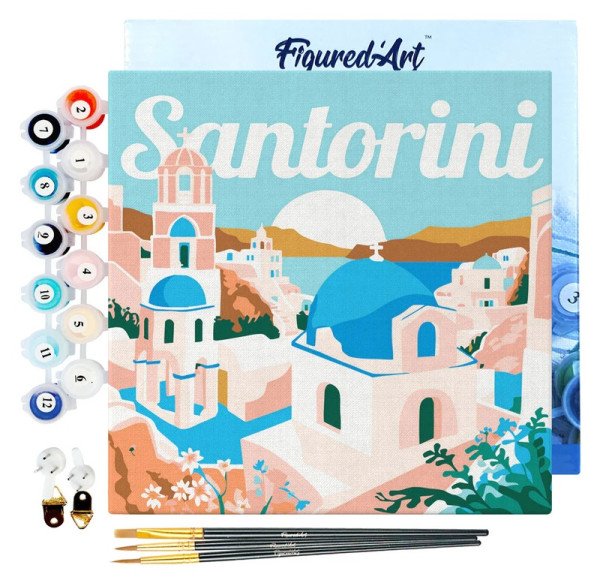 Mini malování podle čísel - Travel Poster Východ Slunce Santorini 20x20cm na rámu