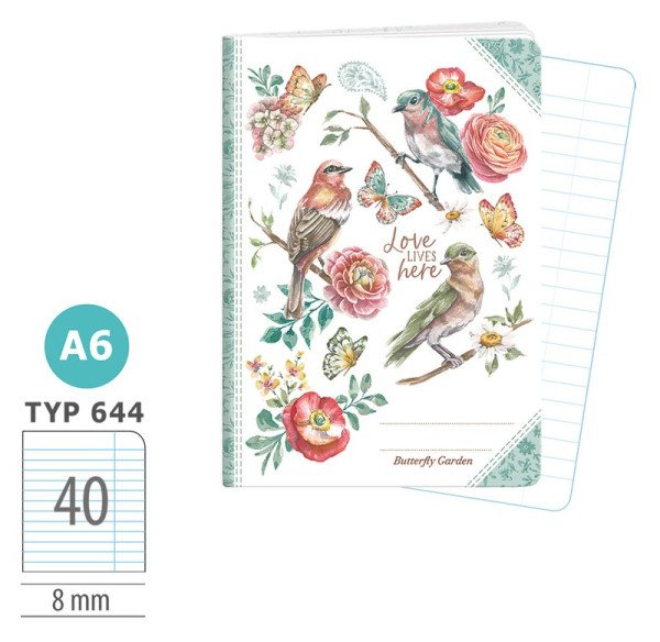 Školní sešit A6, 40 listů, typ 644 Butterfly garden
