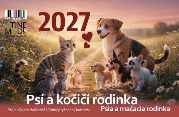 Kalendář 2027 Psí a kočičí rodinka, stolní, týdenní, 14 x 21,4 cm