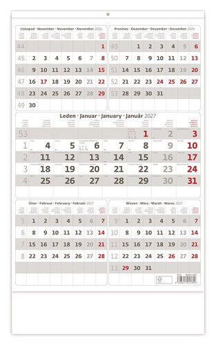 Kalendář nástěnný 2027 - Pětiměsíční šedý