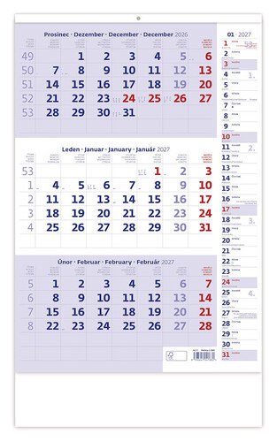 Kalendář nástěnný 2027 - Tříměsíční modrý s poznámkami