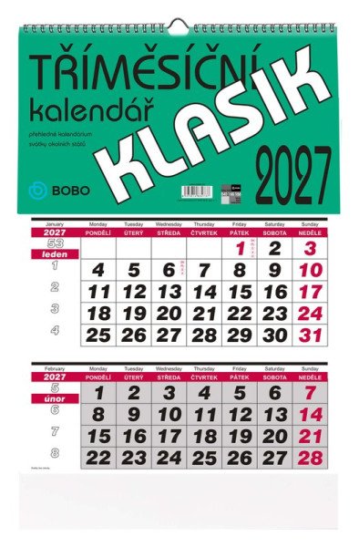 Nástěnný kalendář 2027 tříměsíční KLASIK