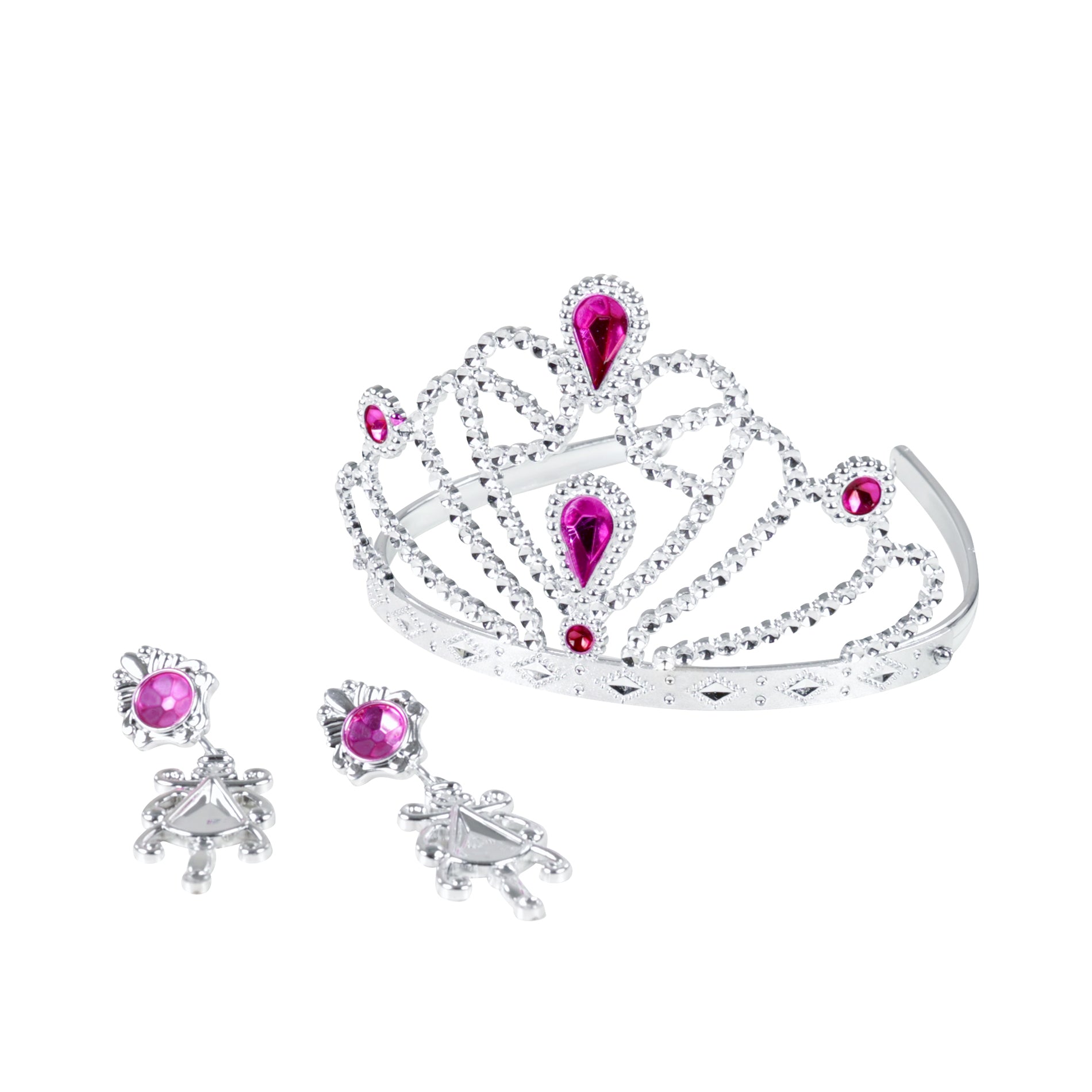 Silver Princess Crown with Earrings and Pink Stones