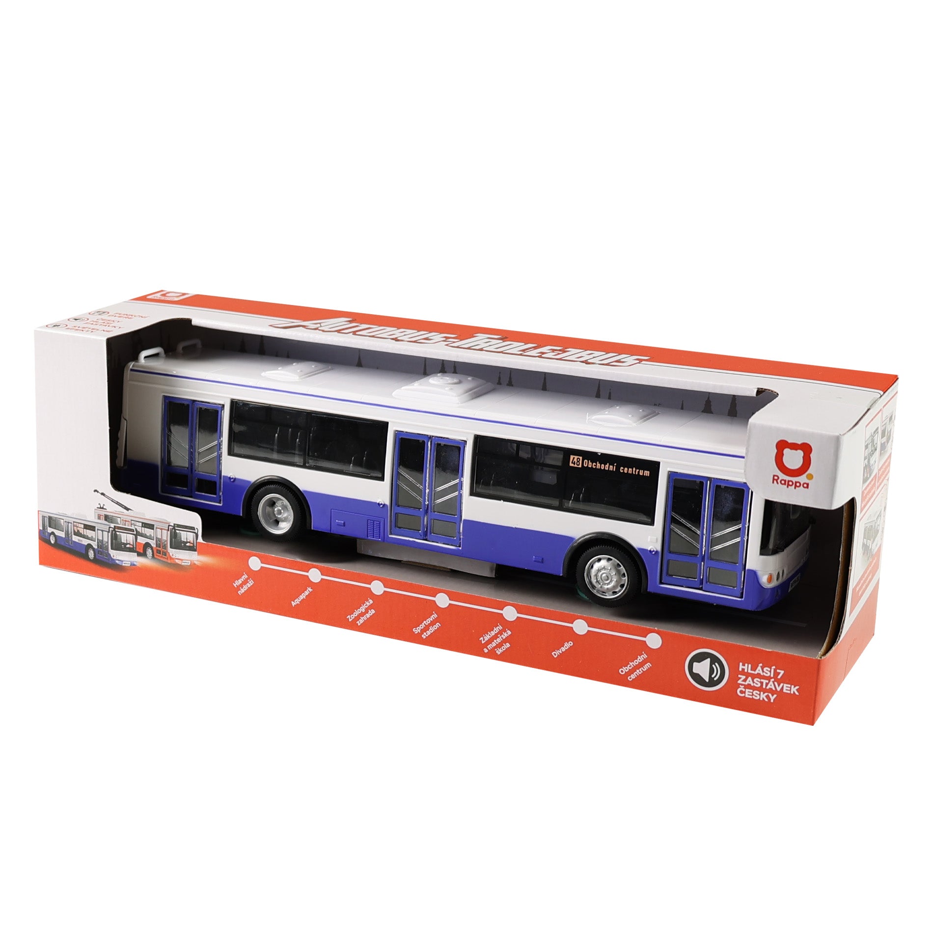 Blue toy bus with Czech stop announcements 28 cm