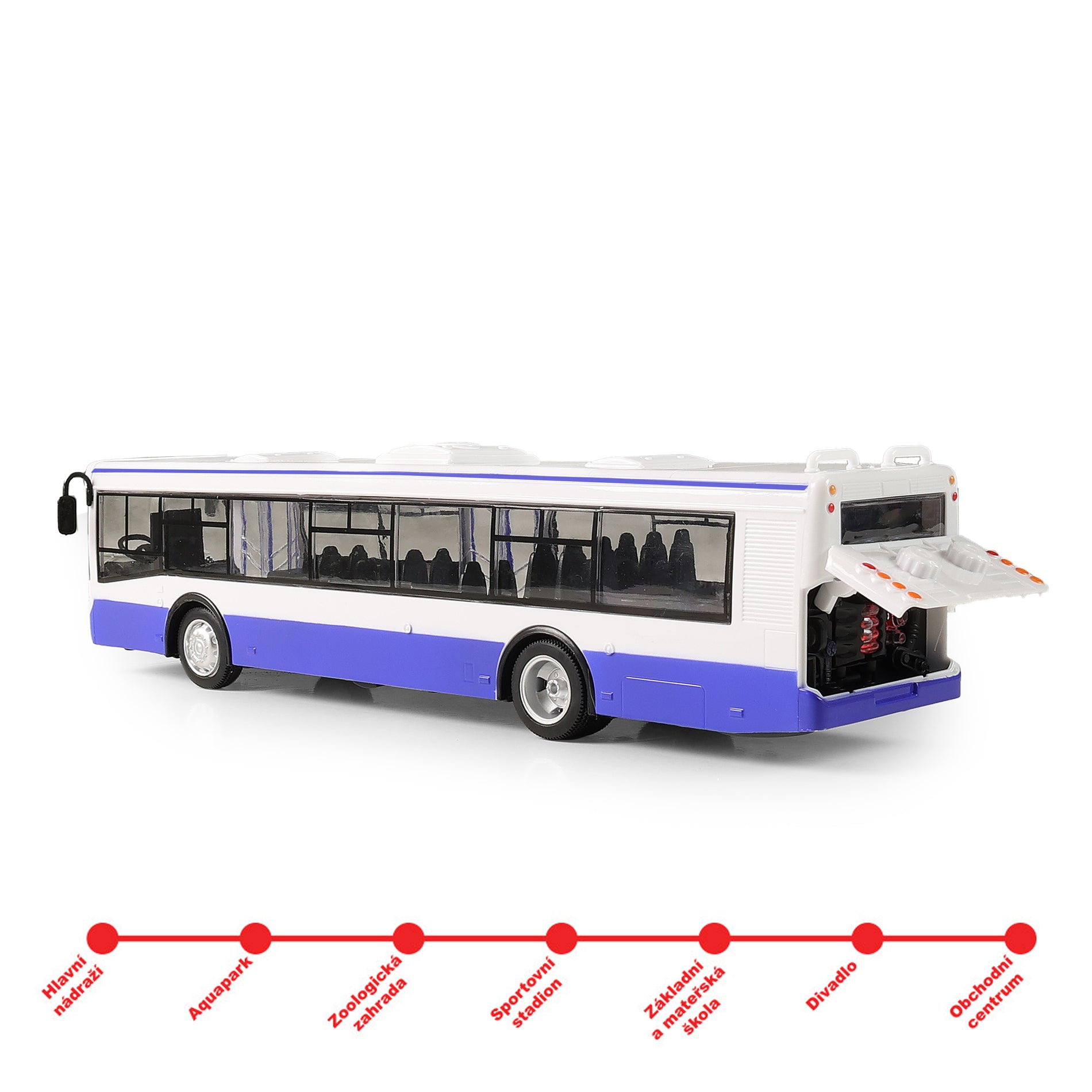 Blue toy bus with Czech stop announcements 28 cm