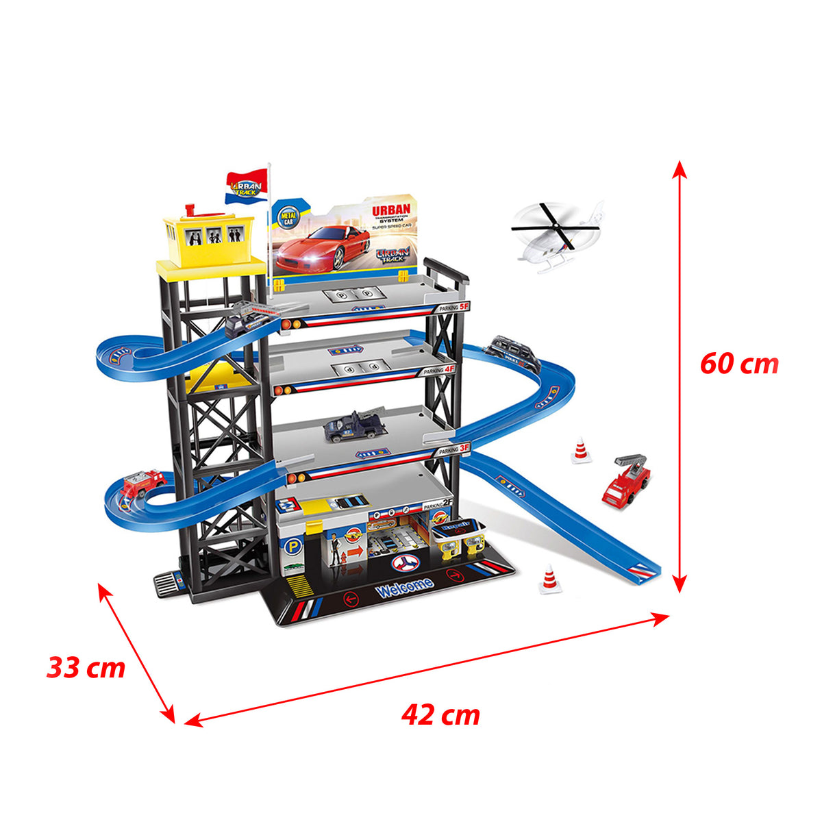 Large parking garage with helipad, helicopter and 3 cars
