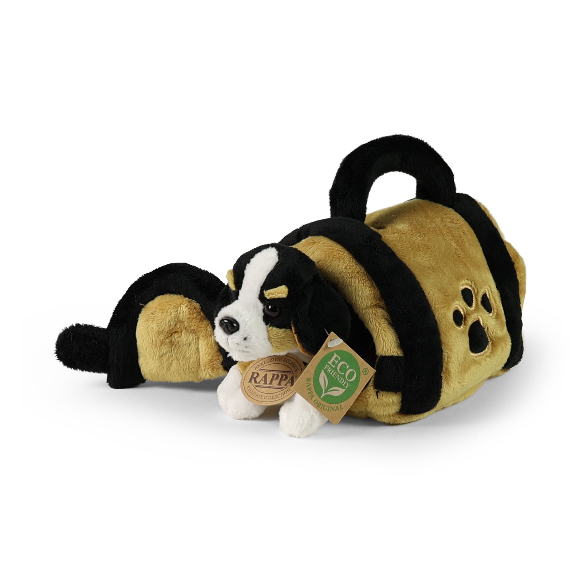 Plush Bernese mountain dog in carrier 15 cm