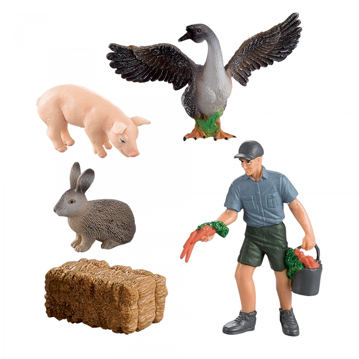 Farm animal set with farmer and accessories, 4 pcs