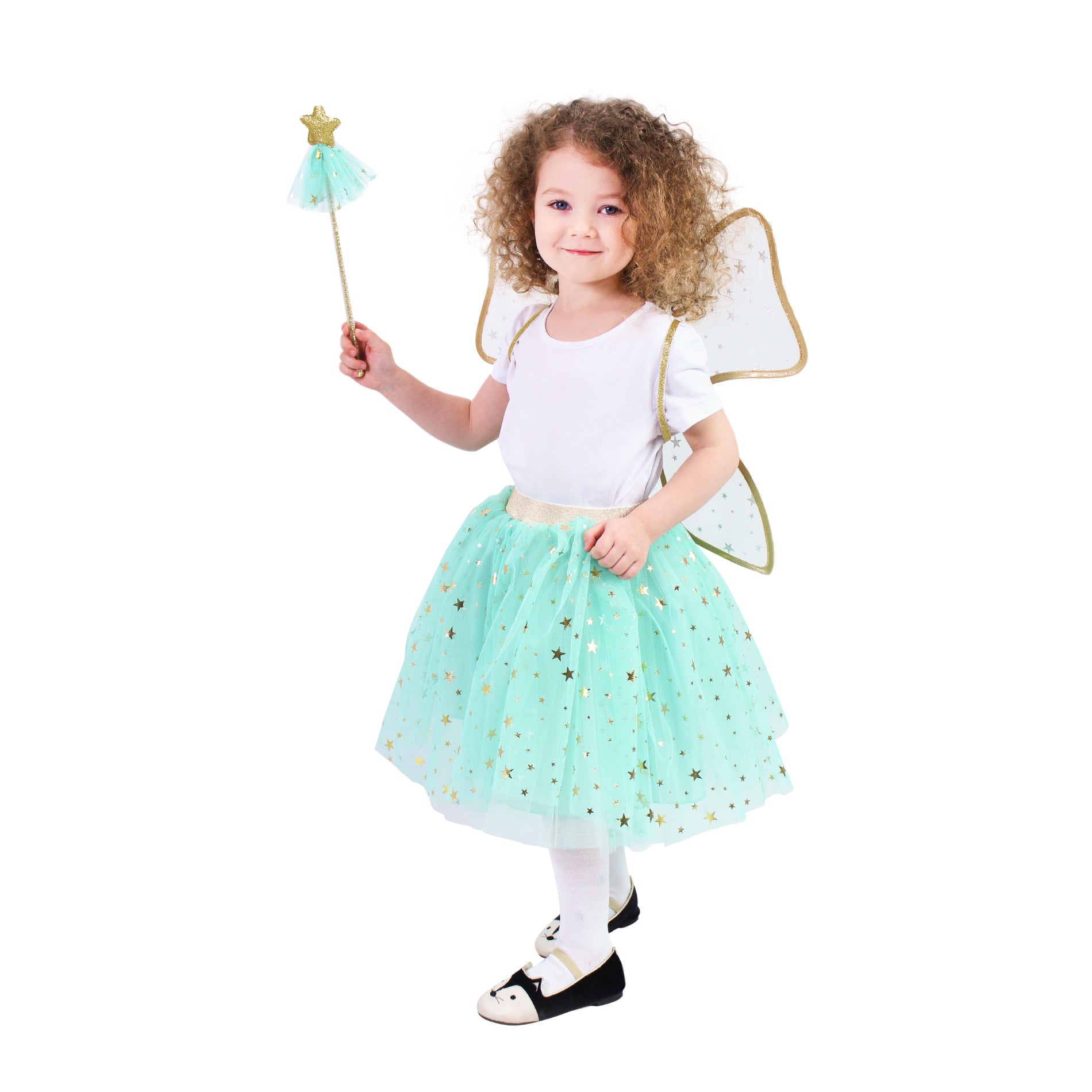 Children's green fairy tutu costume with wand and wings