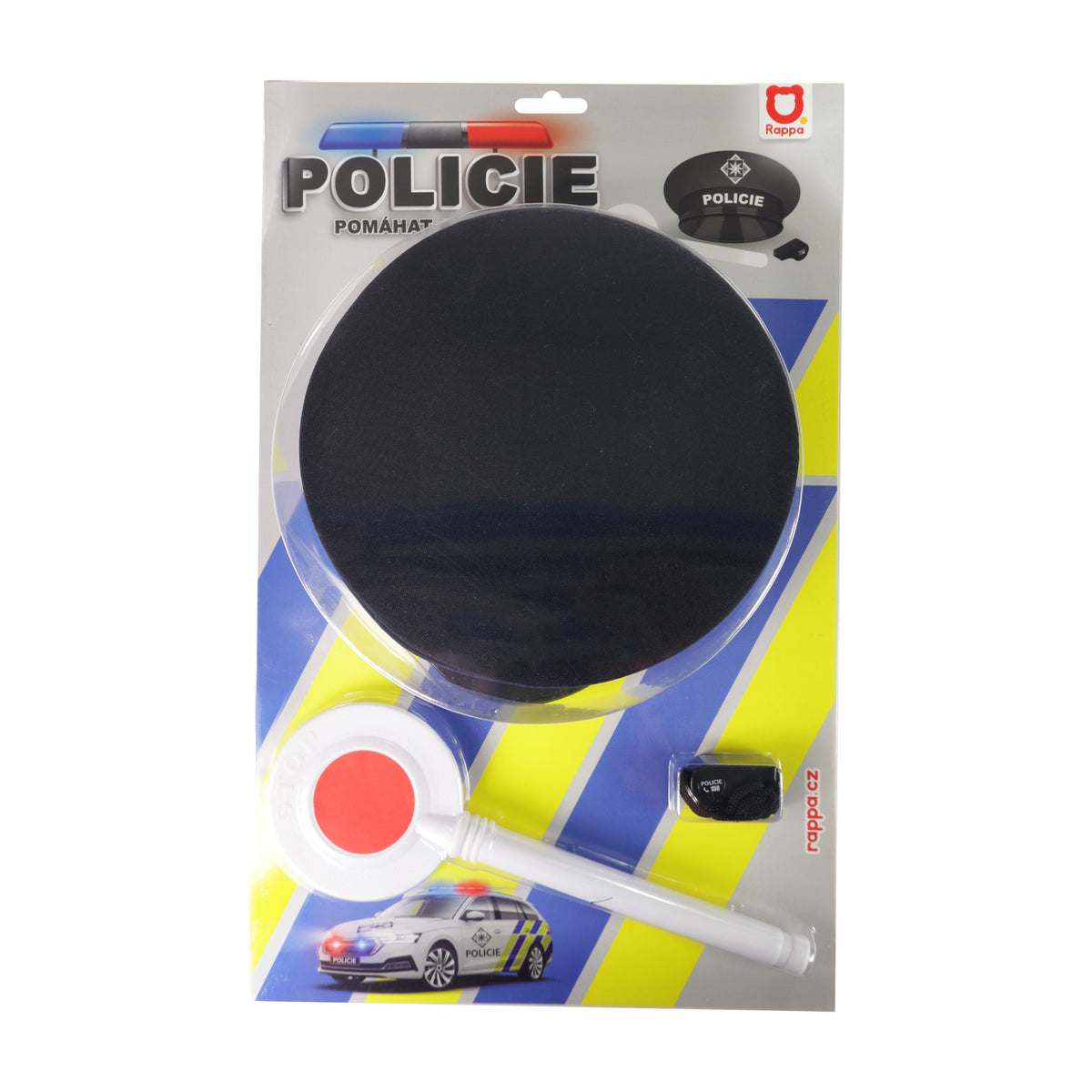 Police set with cap, traffic disc and whistle