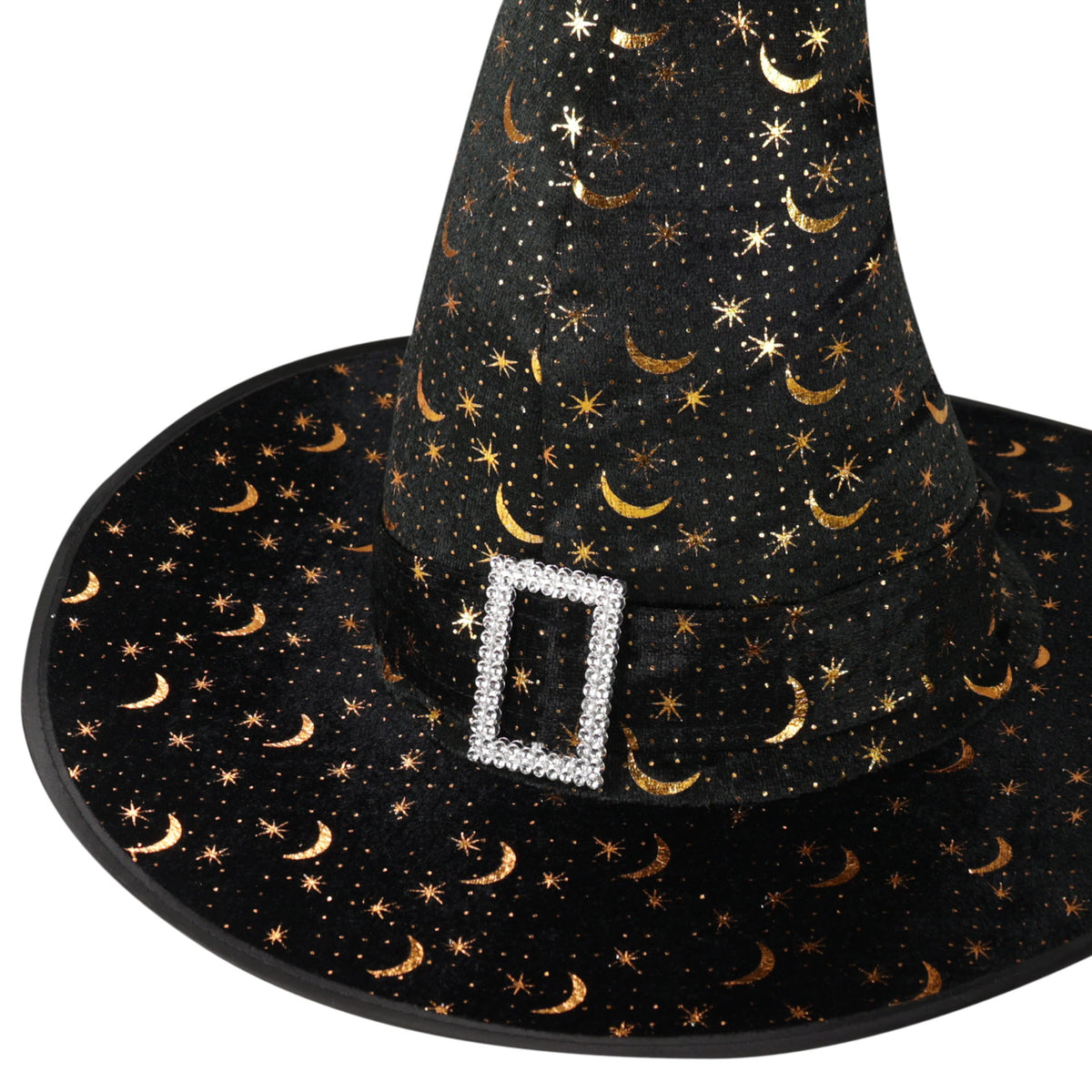 Adult witch hat with gold print and silver buckle