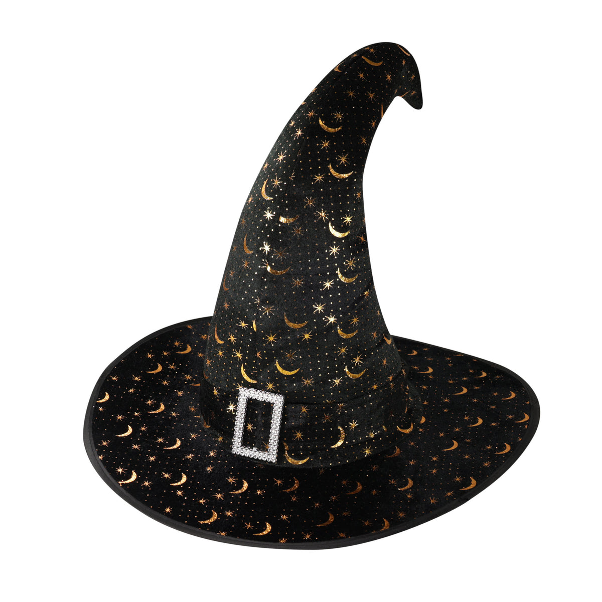 Adult witch hat with gold print and silver buckle