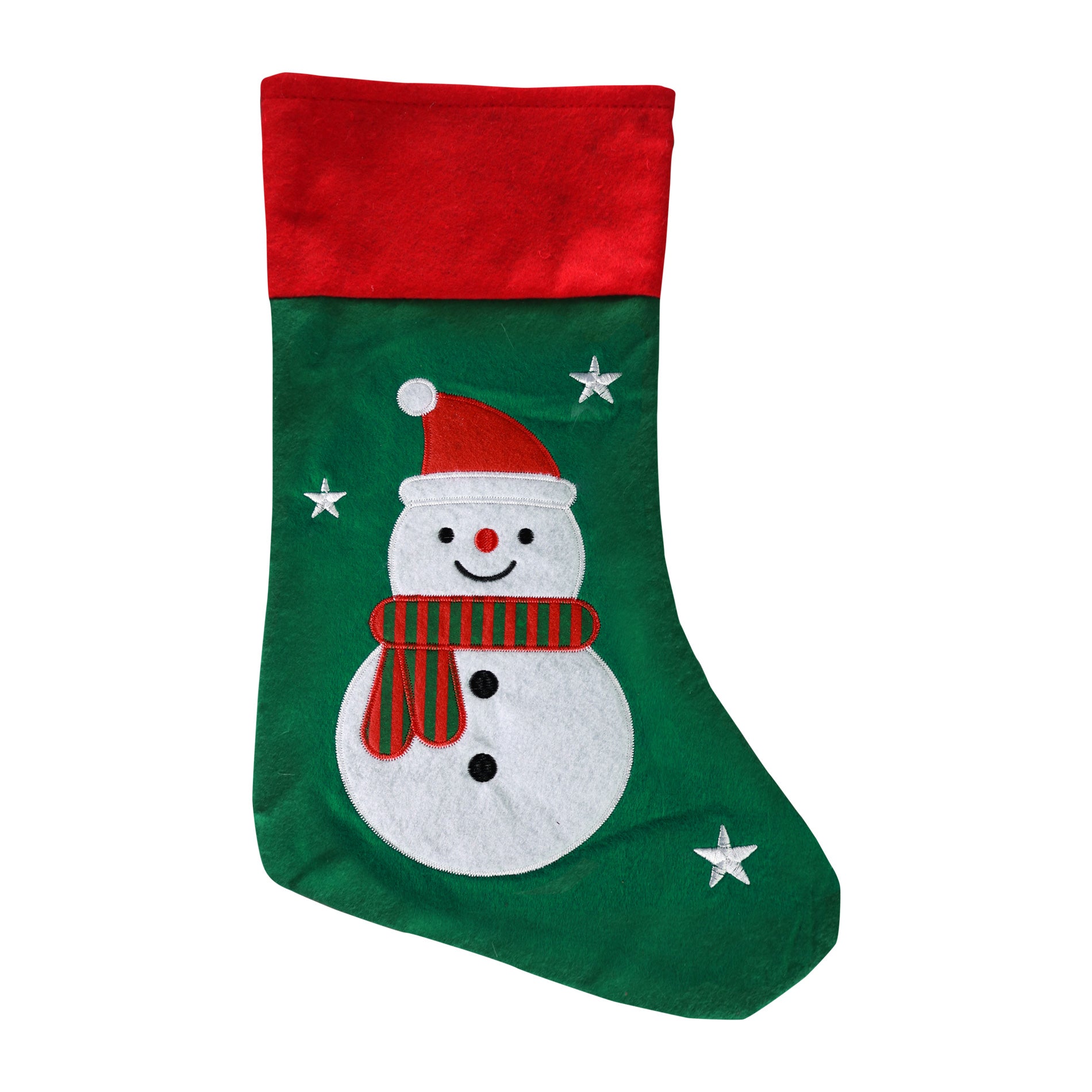 Green Christmas stocking with snowman