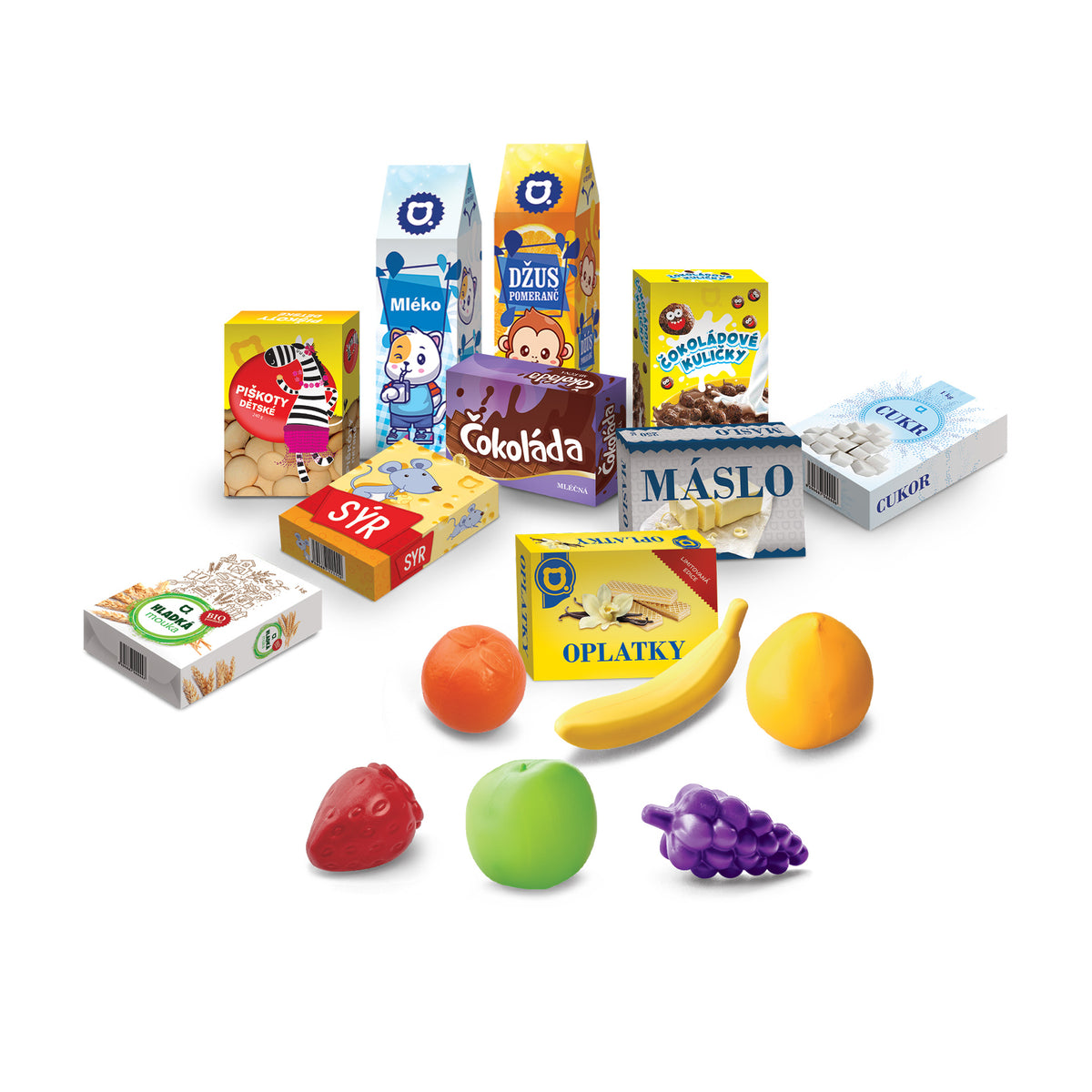 Toy shopping basket with play food, red