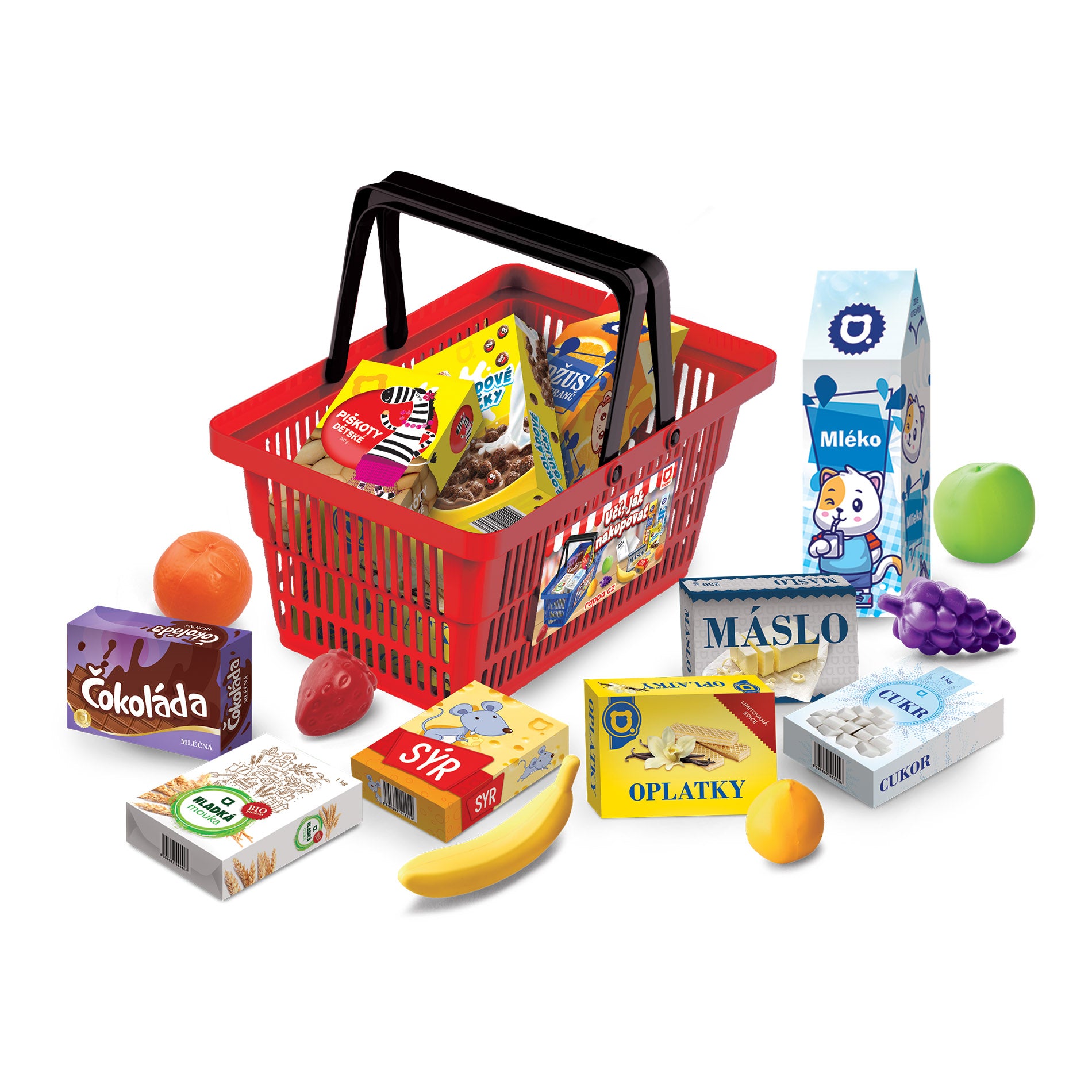 Toy shopping basket with play food, red