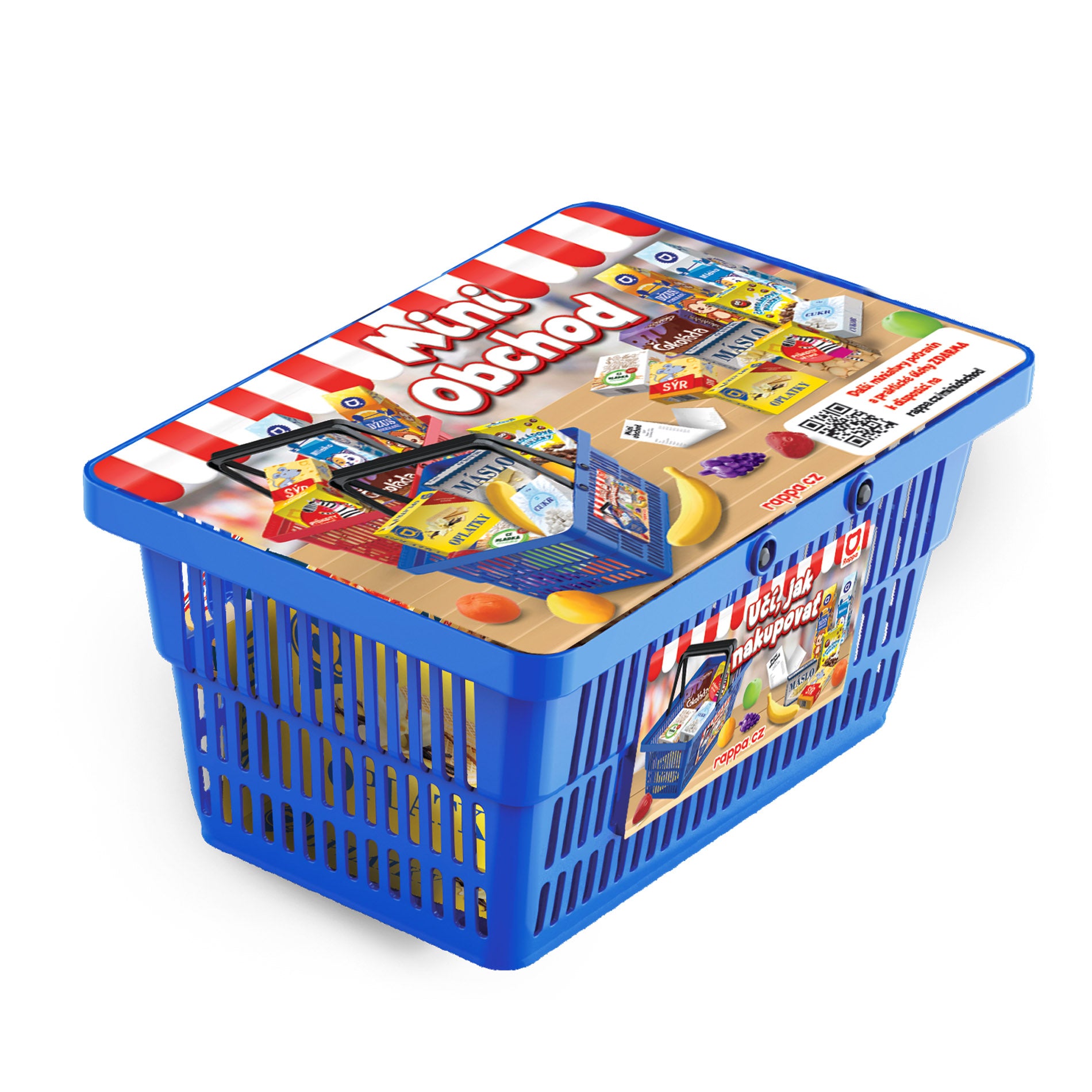 Mini shop shopping basket with play food, blue
