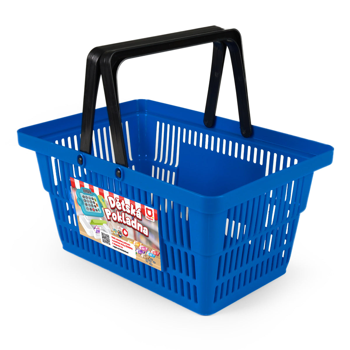 Mini shop shopping basket with play food, blue