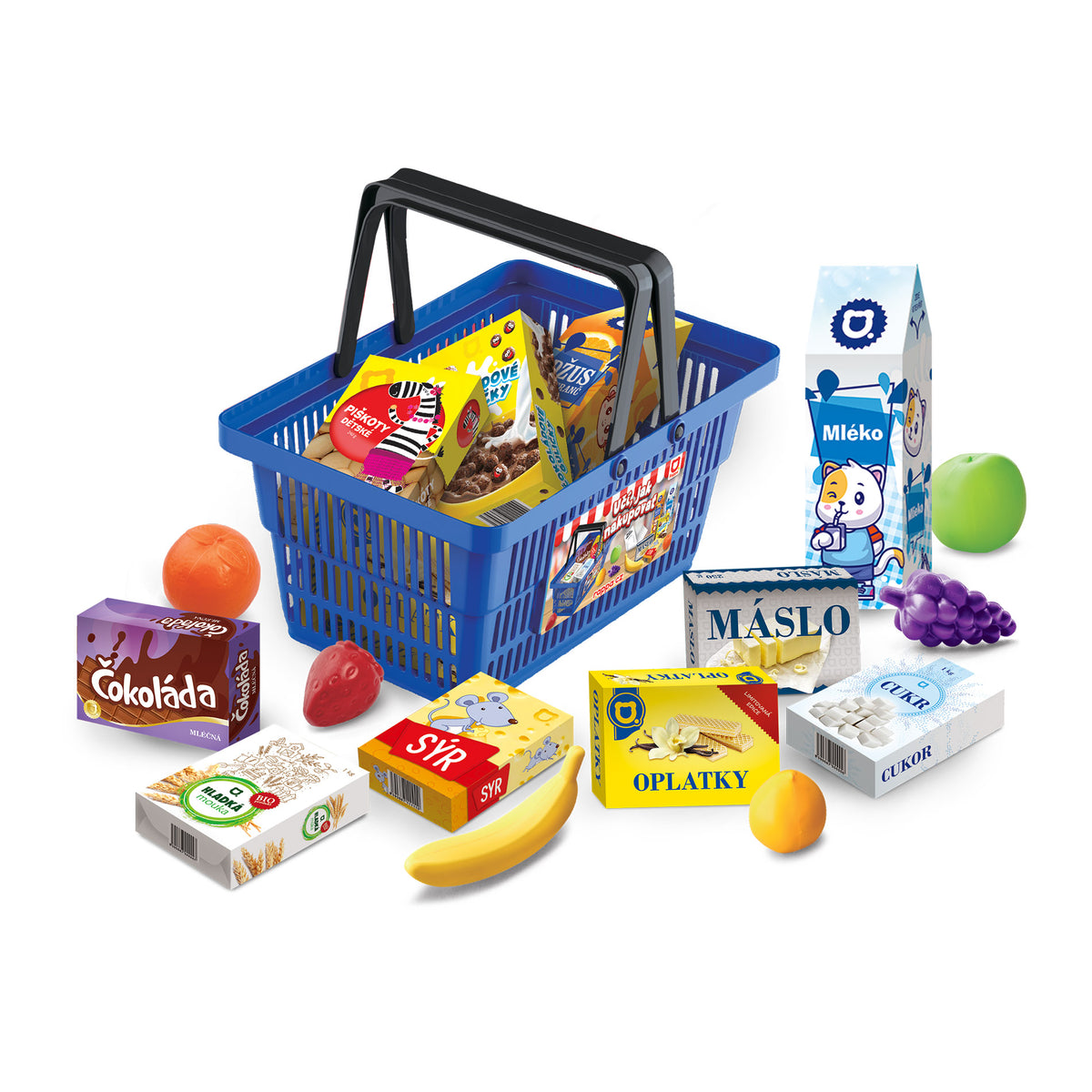 Mini shop shopping basket with play food, blue