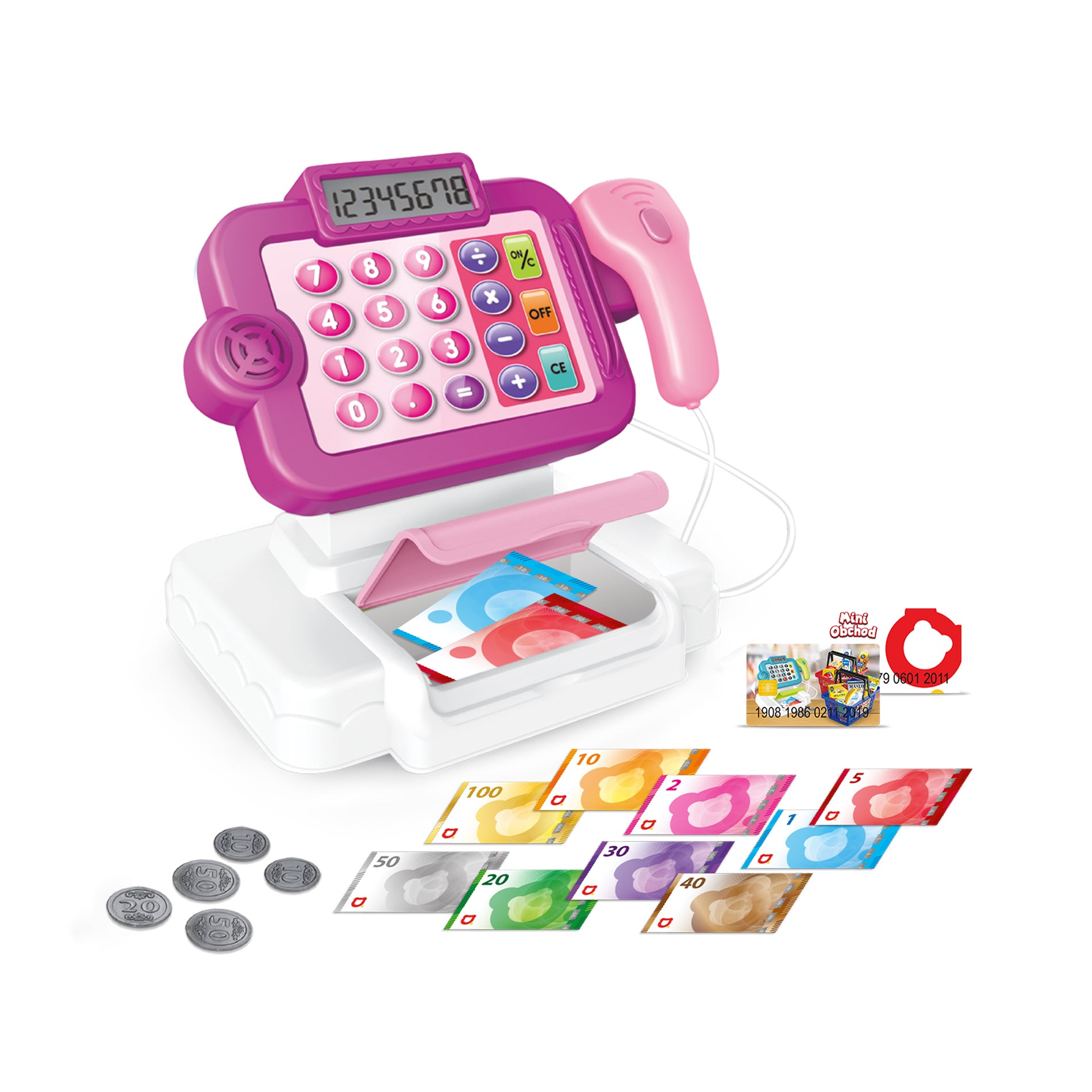 Toy cash register with Czech money, pink