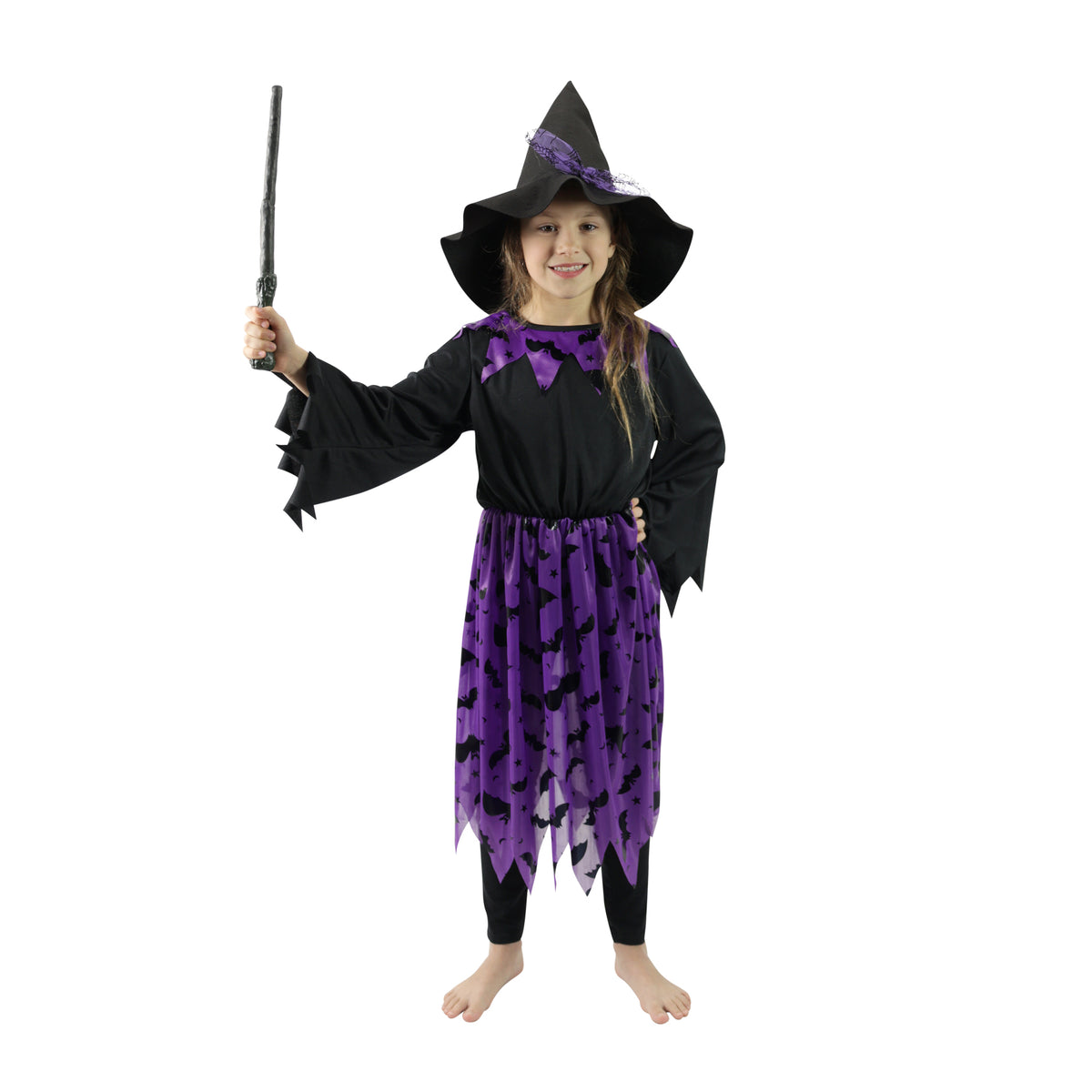 Children's witch costume with bats and hat, size S