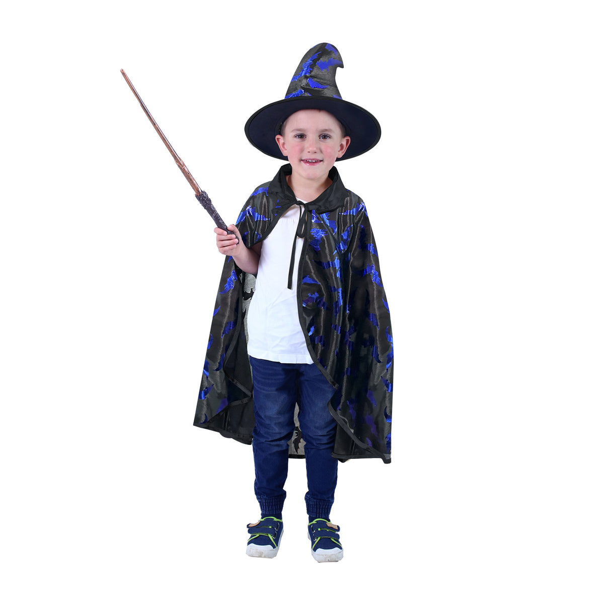 Children's black witch cloak with hat and bat print