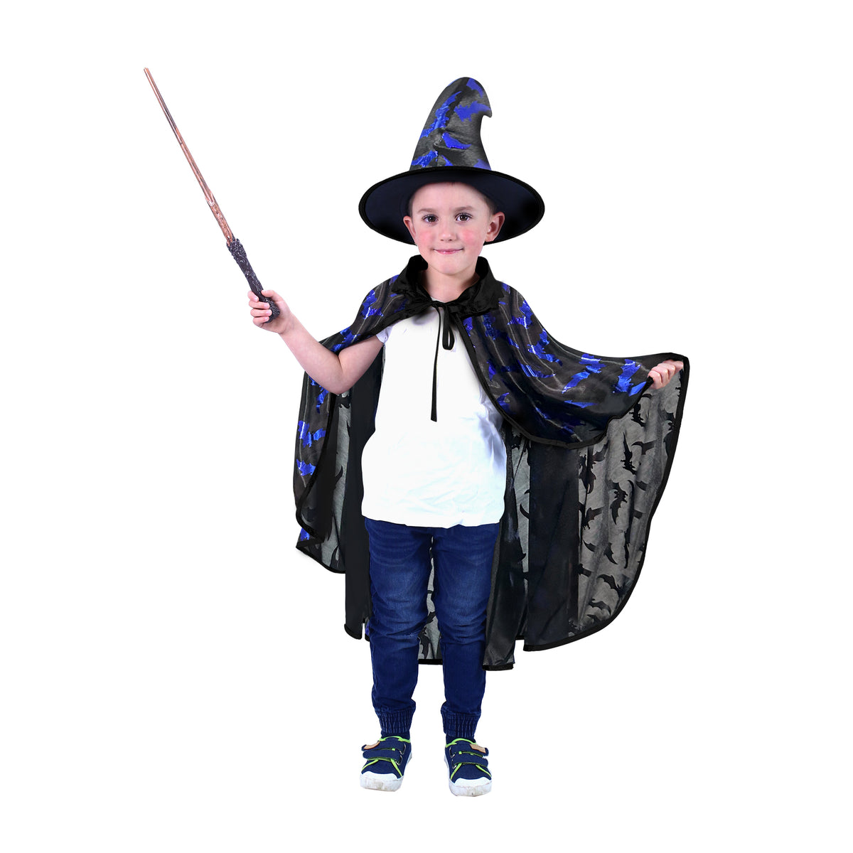 Children's black witch cloak with hat and bat print