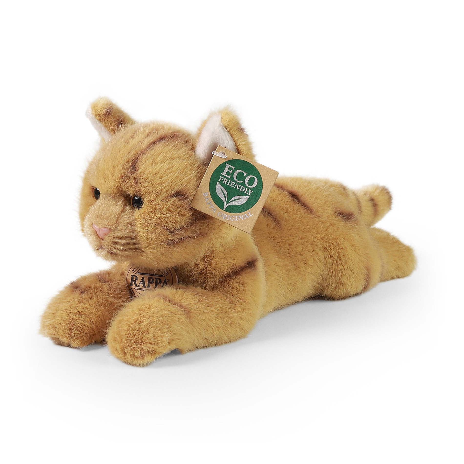 Brown tabby plush cat lying 25 cm