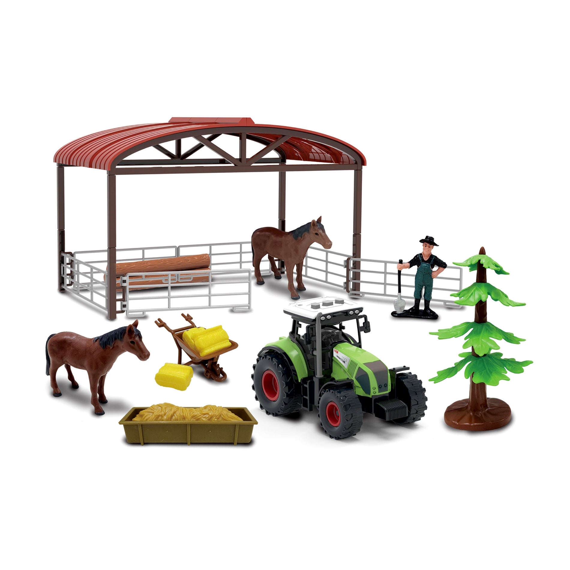 Toy tractor with sound, lights and horse enclosure