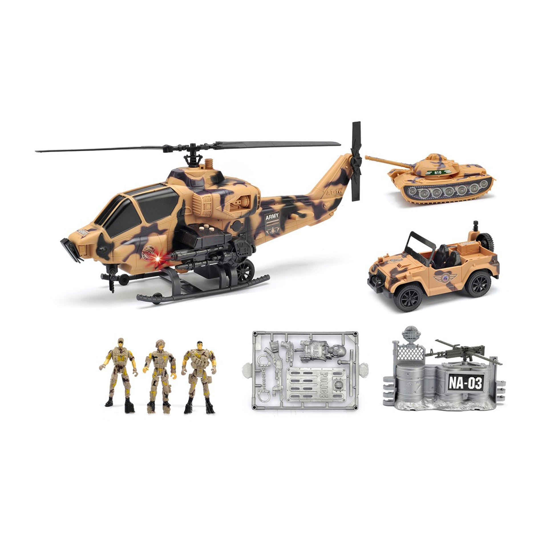 Military play set with helicopter, lights and sounds