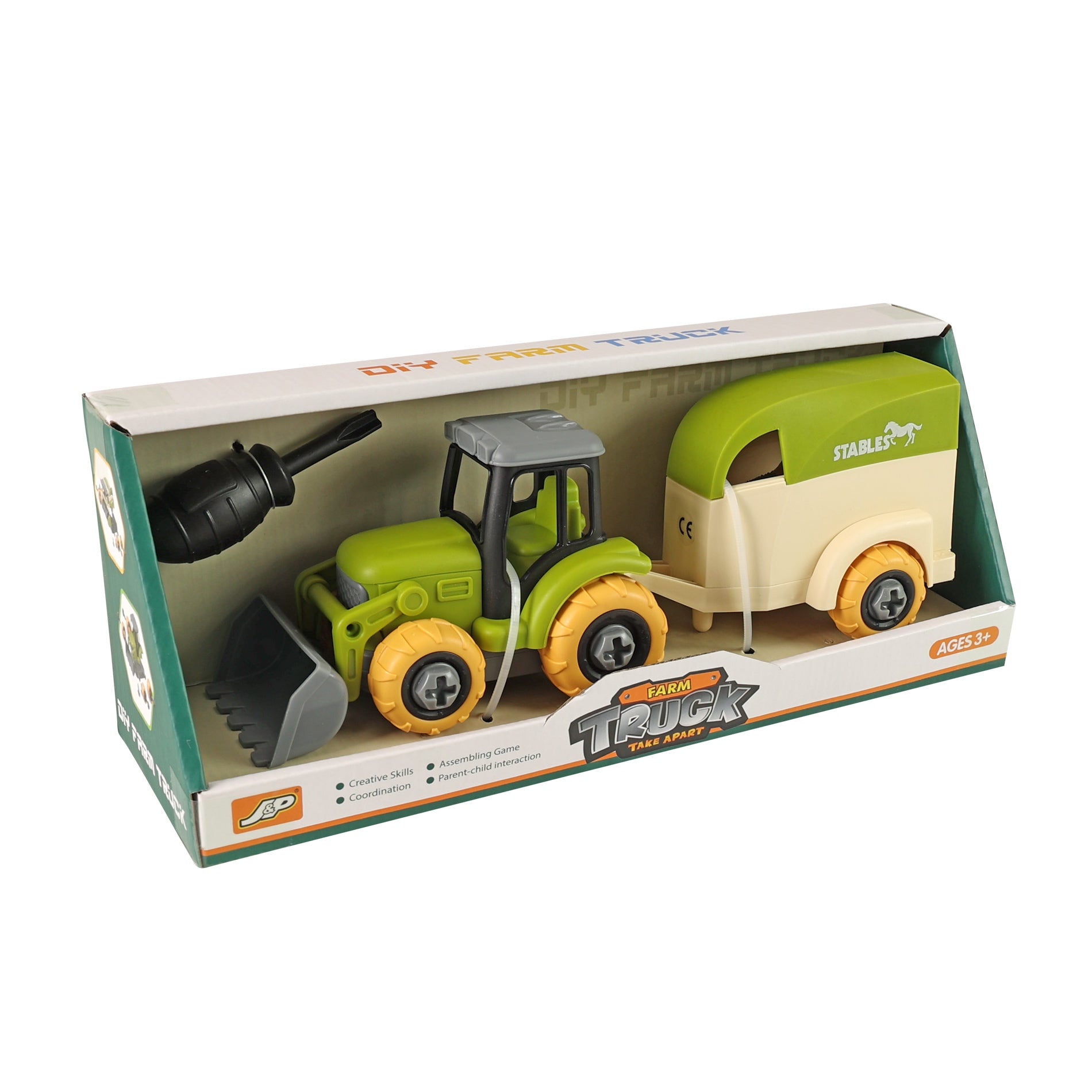 Screw-assembly toy tractor with horse trailer 25 cm